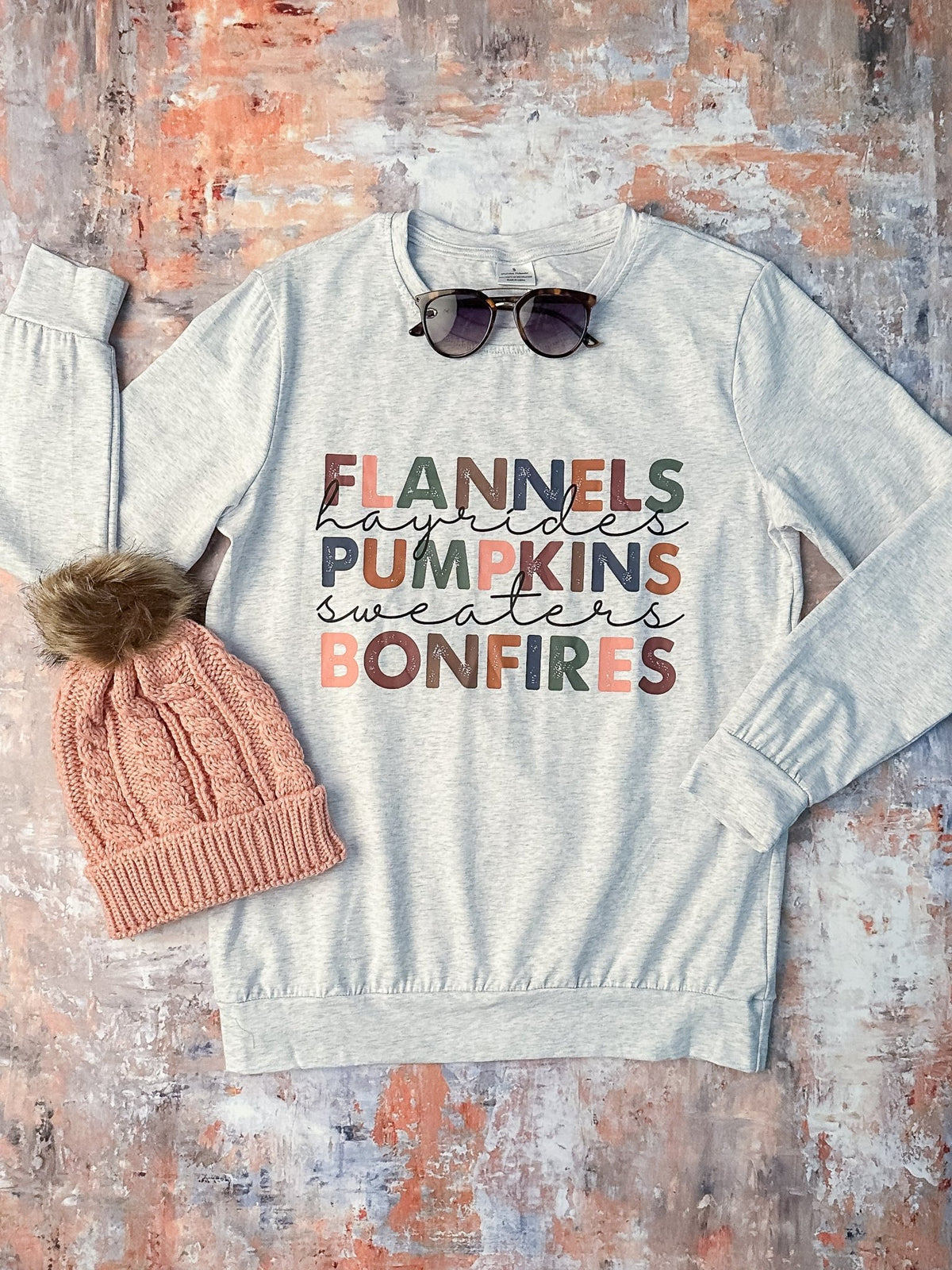 Women's long sleeve with the flannels, hayrides, pumpkins list