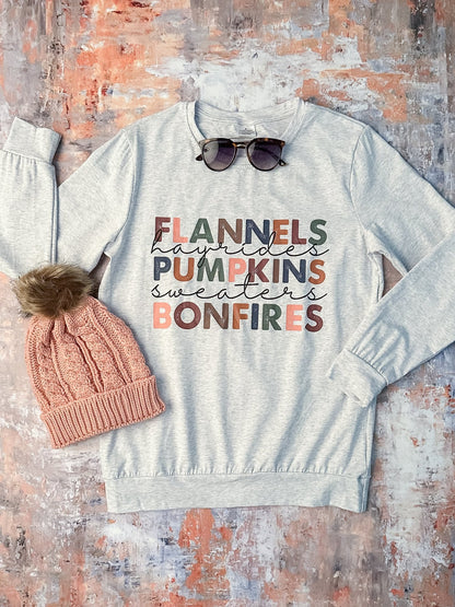 Women's long sleeve with the flannels, hayrides, pumpkins list