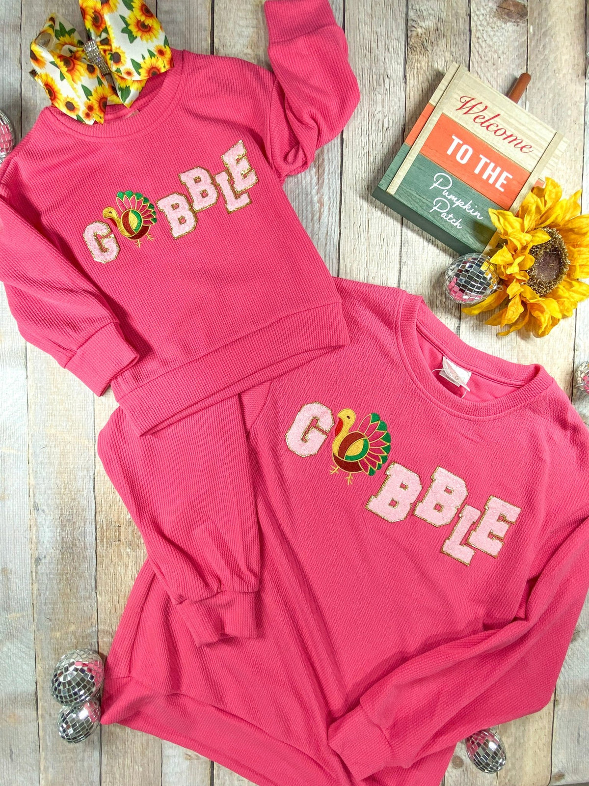 Matching mom and girl gobble chenille sweatshirts