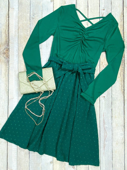 Green long sleeve tied swiss dot dress