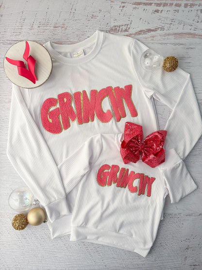 Mommy and me Grinchy chenille Christmas sweatshirts