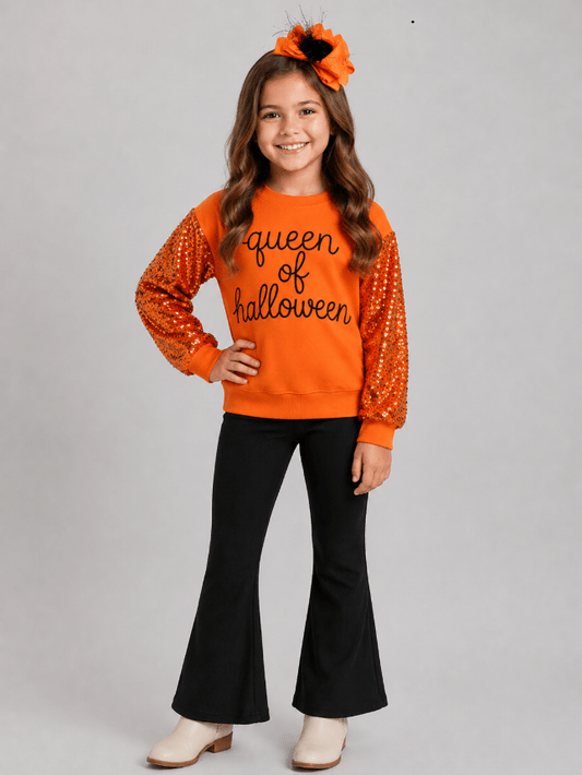 Girls orange Queen of Halloween sweater with sequins