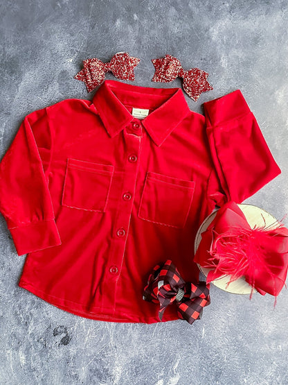 Kids red velvet button-down shirt