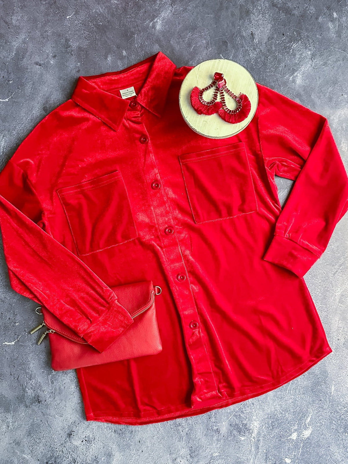 Women's red velvet button-down shirt