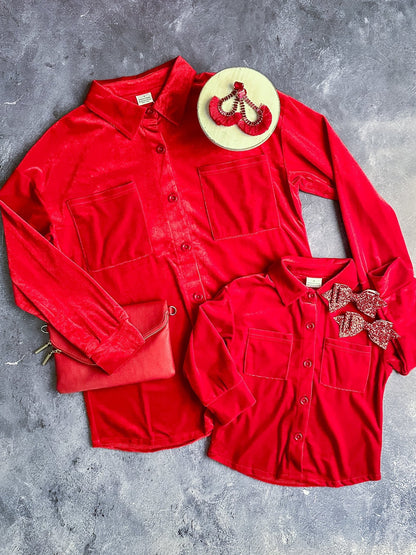 Red velvet button-down shirts in mom and kid sizes