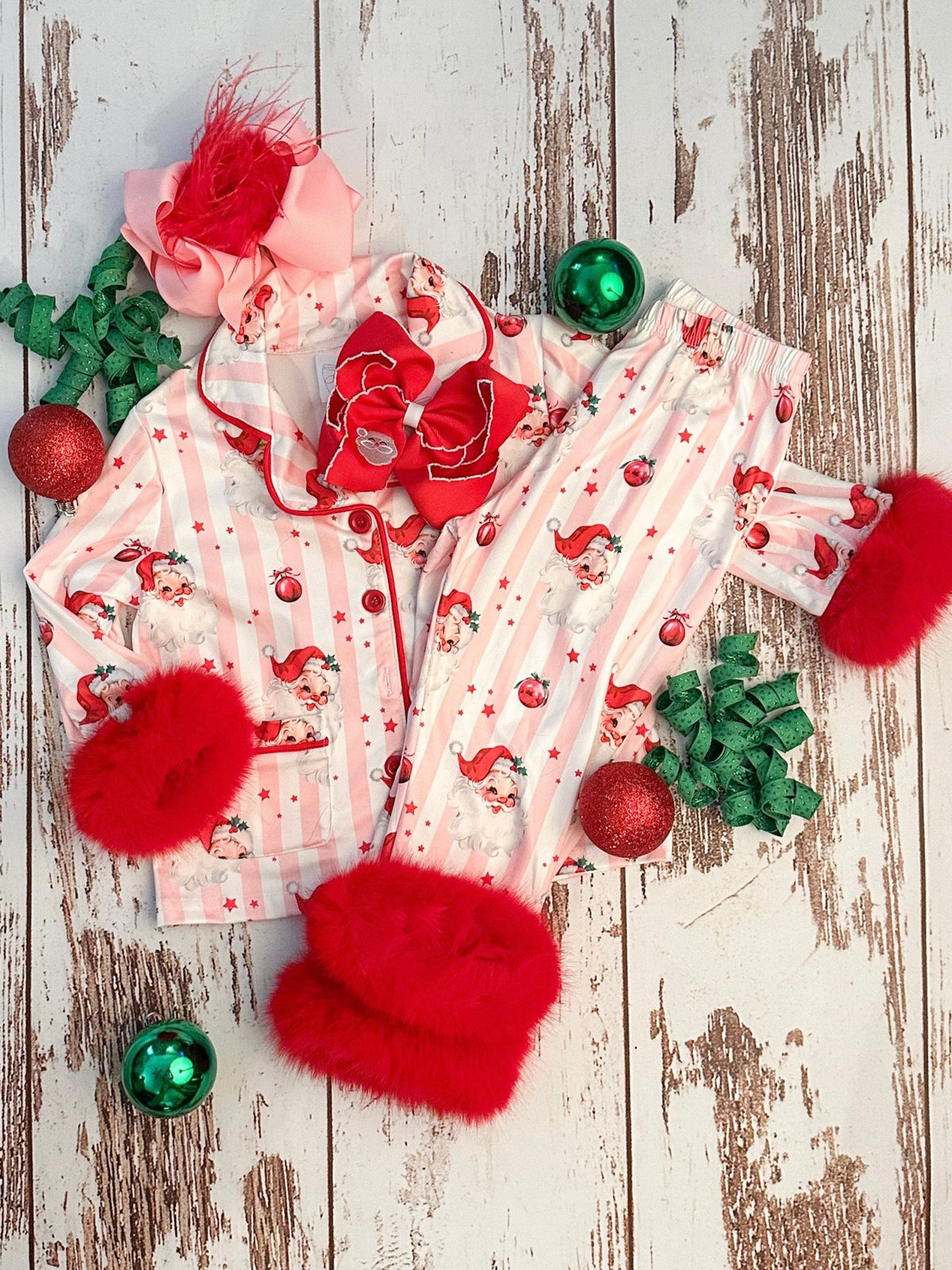 Girls Santa and stripes pajamas with fuzzy trim