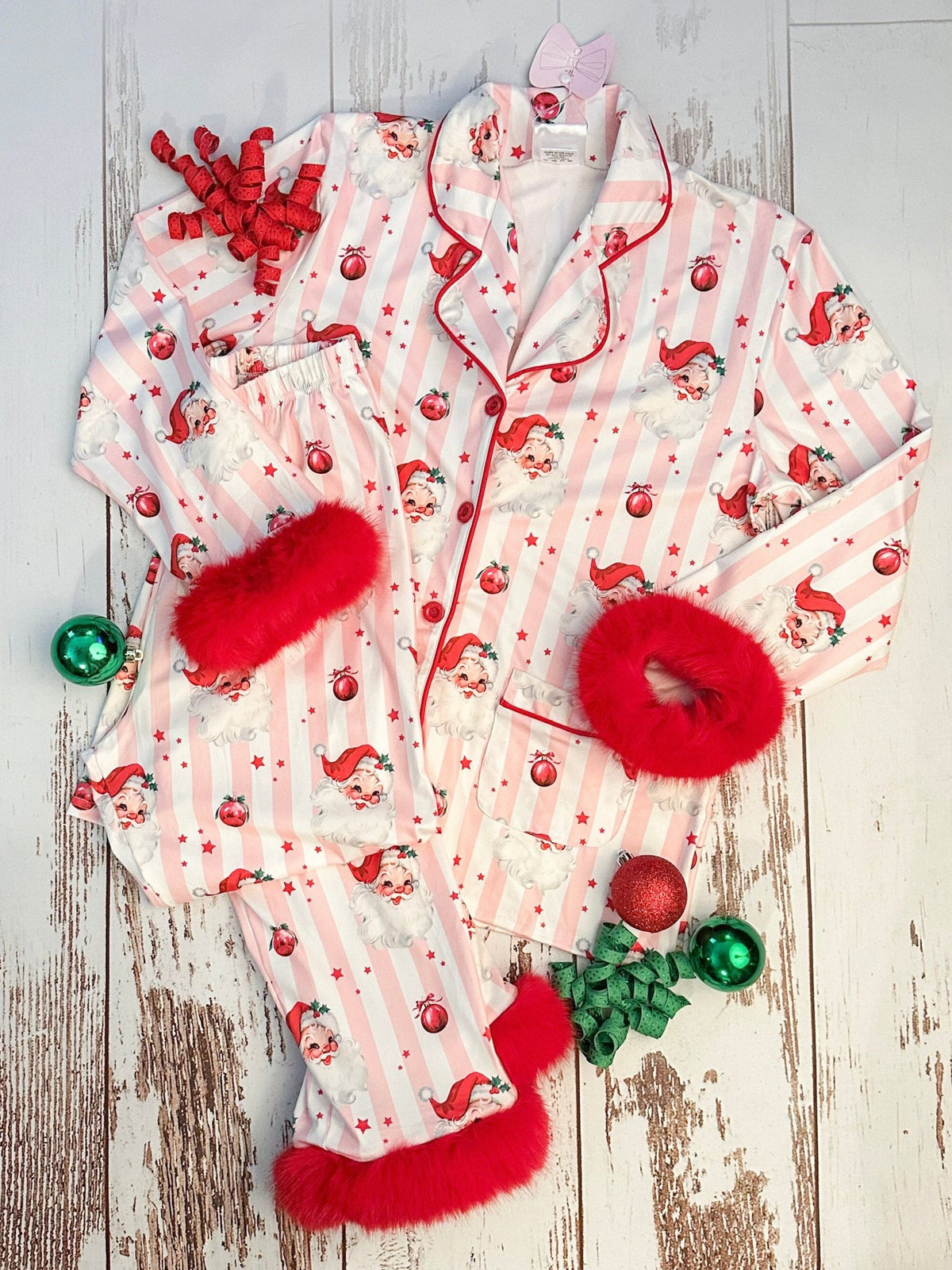 Women's Santa and stripes pajamas with fuzzy trim