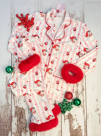 Women's Santa and stripes pajamas with fuzzy trim