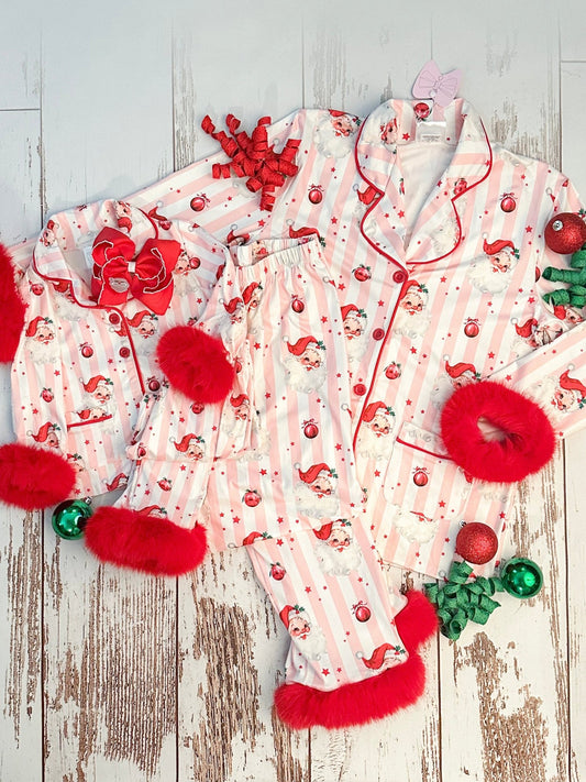 Santa and stripes pajamas with fuzzy trim in mom and girl sizes - Alternative view