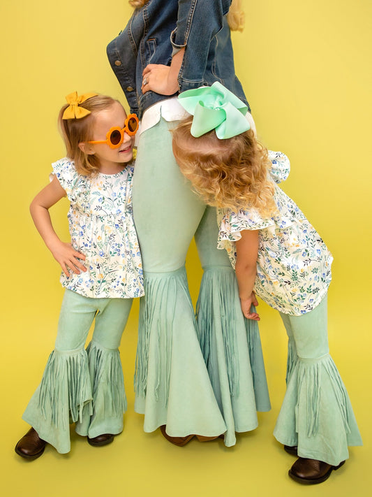 Mommy &amp; Me pantalones con flecos color aguamarina