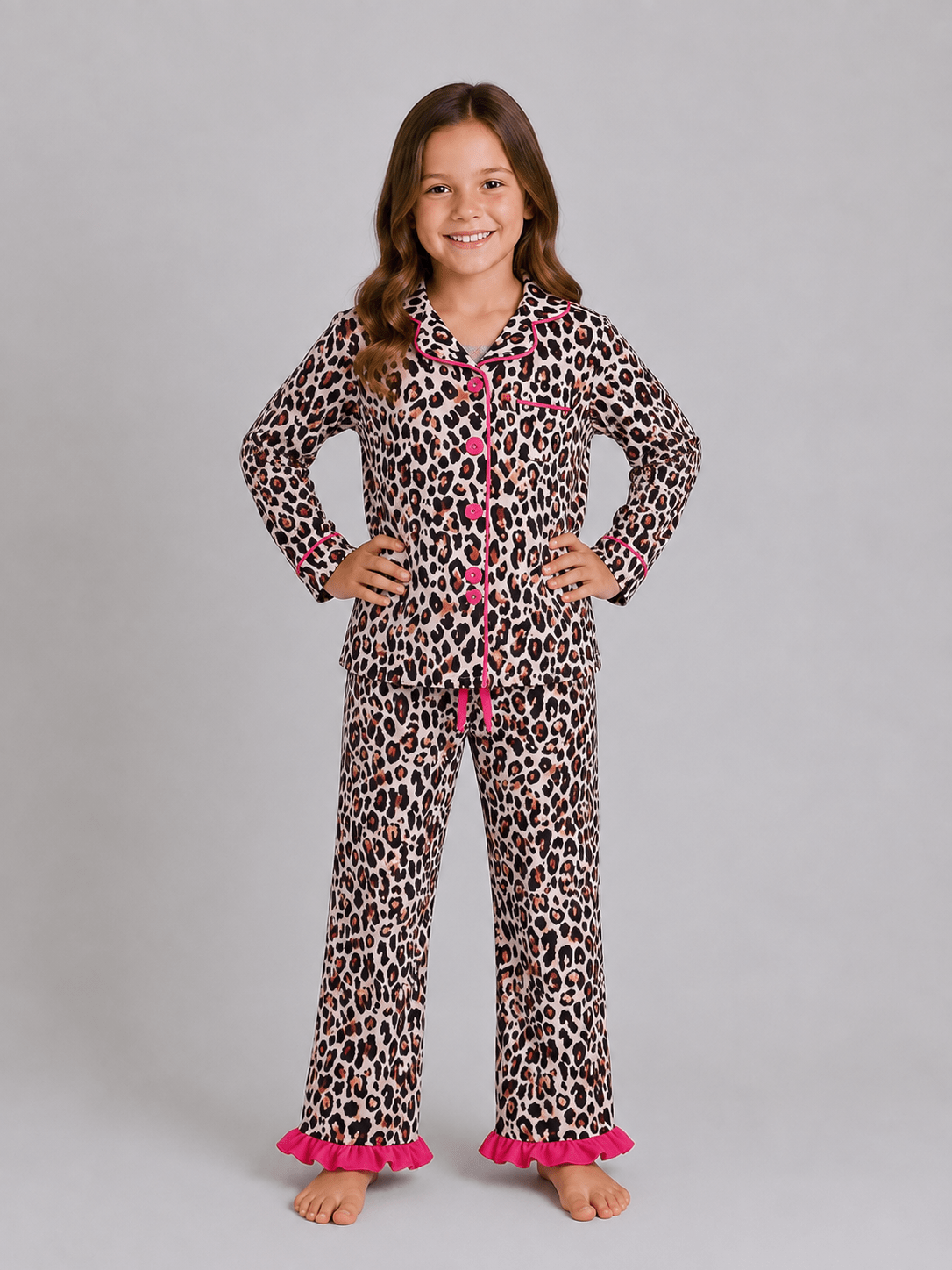 Matching mommy and me leopard pajamas with hot pink trim, boutique family sleepwear for moms and girls