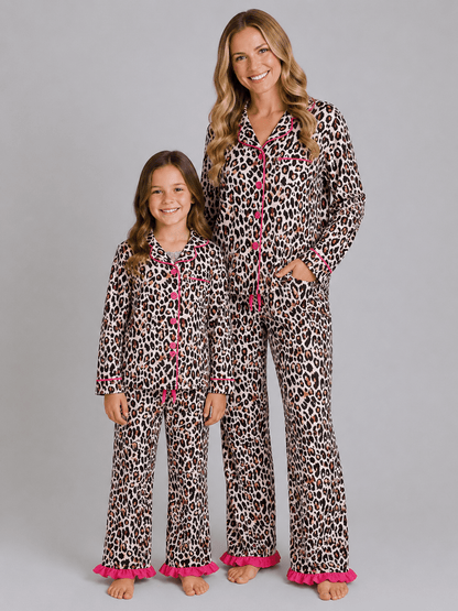 Matching mommy and me leopard pajamas with hot pink trim, boutique family sleepwear for moms and girls