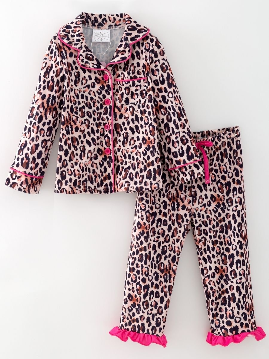 Girls leopard pajama set with hot pink trim, soft boutique cotton sleepwear for toddlers and girls
