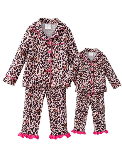 Matching mommy and me leopard pajamas with hot pink trim, boutique family sleepwear for moms and girls