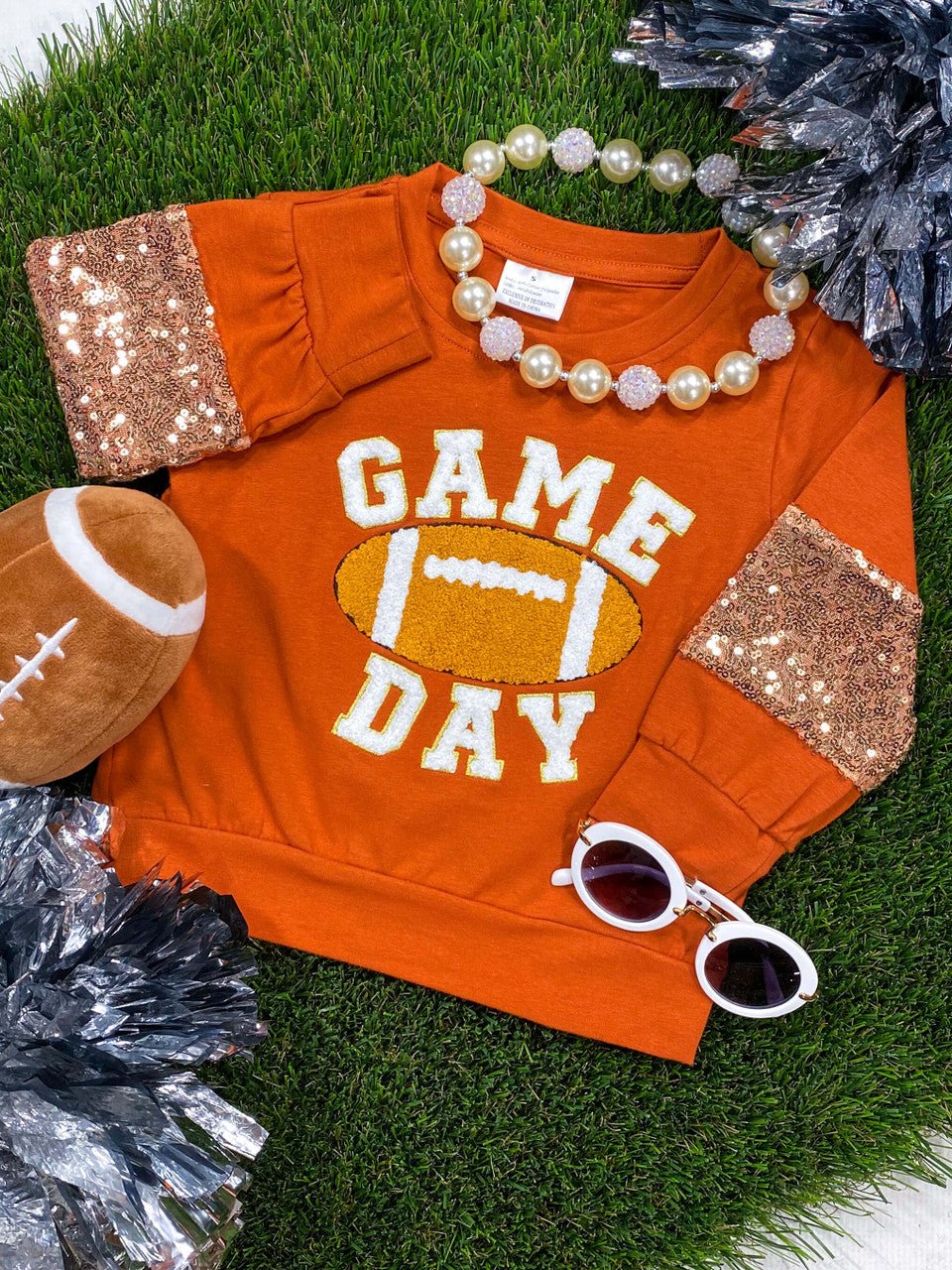 orange game day sparkle sleeve football top