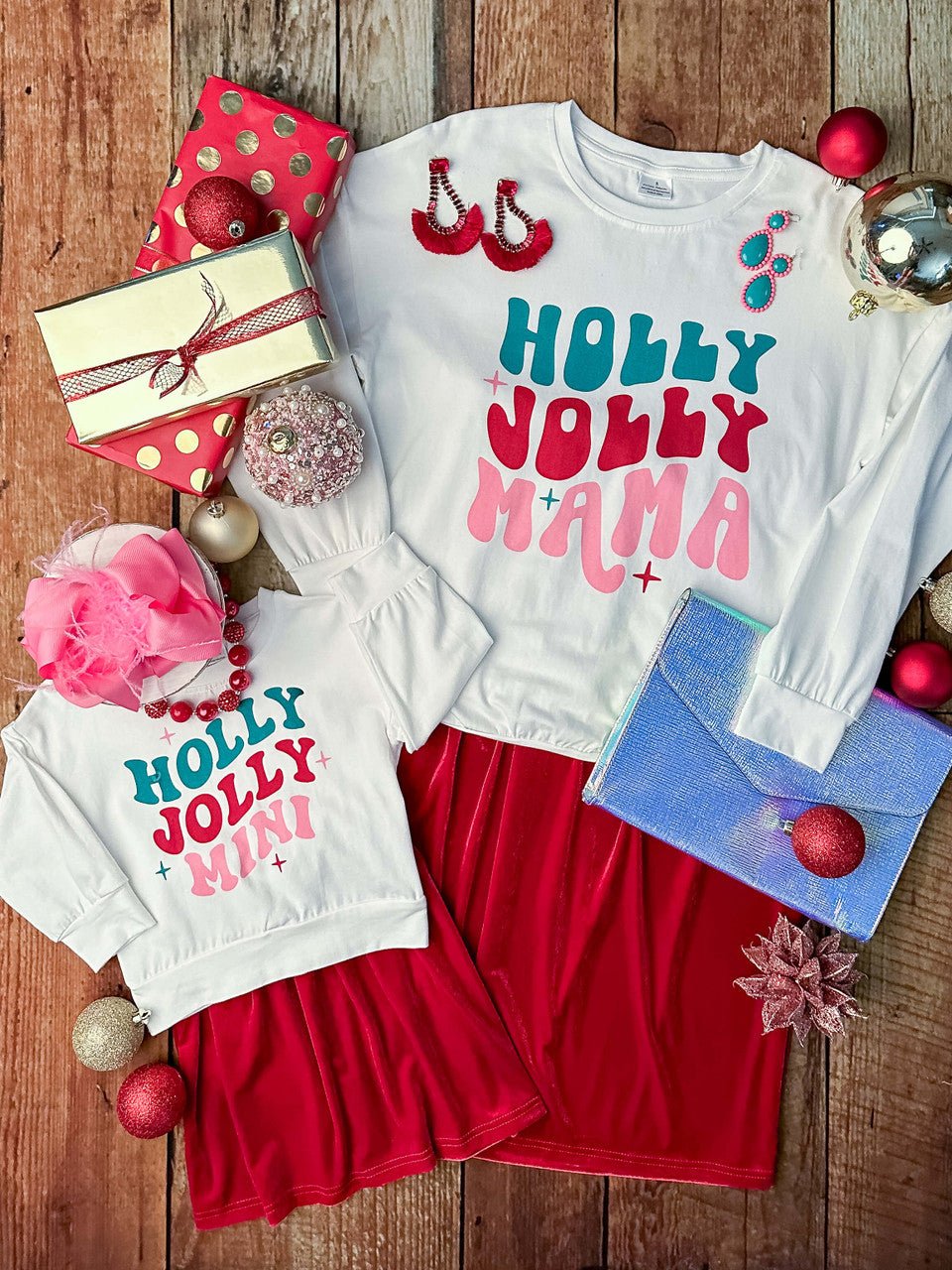 Mommy & Me long sleeve white Holly Jolly top with red velvet skirt
