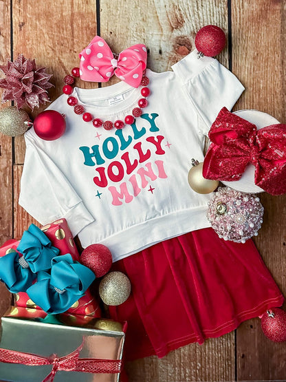 Girls white Holly Jolly top with a red velvet skirt