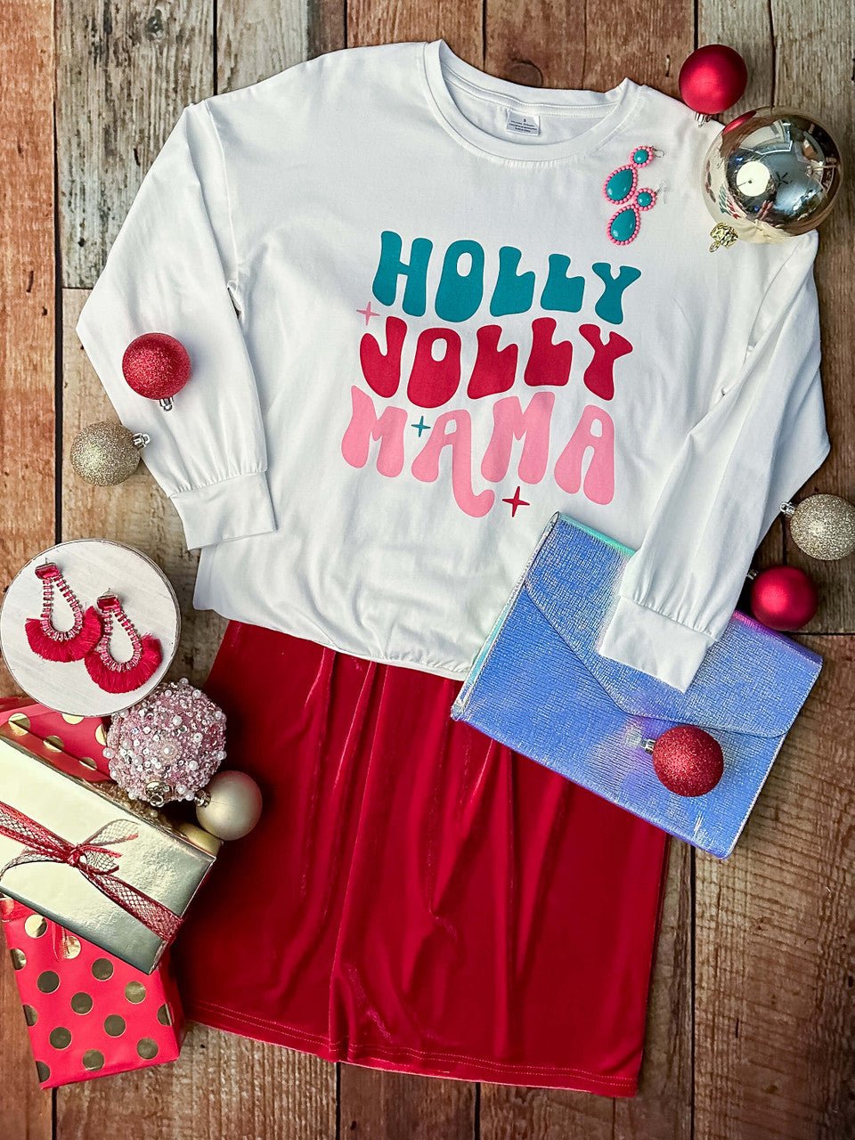 Women's white Holly Jolly top with a red velvet skirt