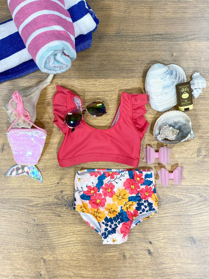 Mommy and me hot pink ruffles and flowers bikini - Girls