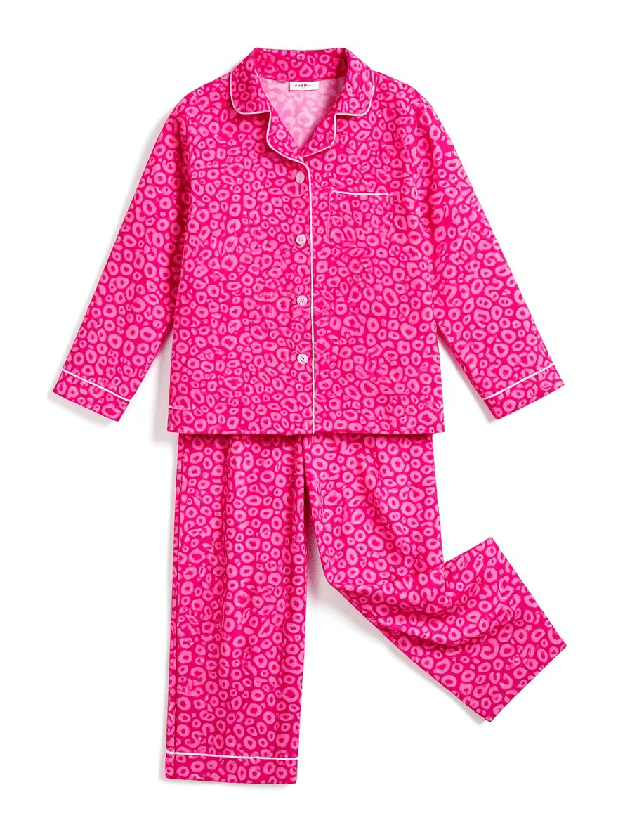 Pink pajama set with a pattern on a white background