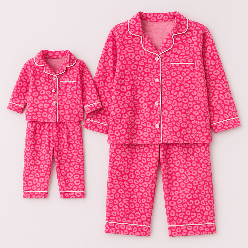 Pink leopard print pajama set for adults and child on a light gray background