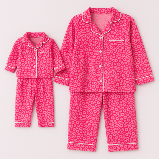 Pink leopard print pajama set for adults and child on a light gray background