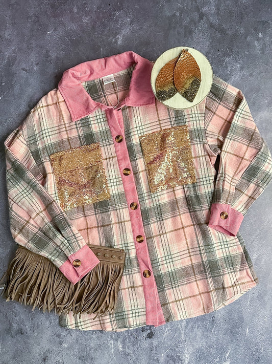 Matching mommy & me pink plaid, long sleeve, button down shackets with sequin pockets - Moms - Alternative view