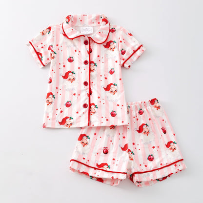 Kids Santa and stripes Christmas pajama set laid flat