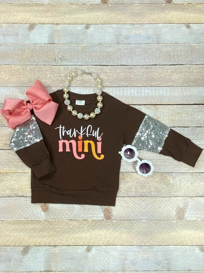 Kids brown Thankful sequin sleeve top