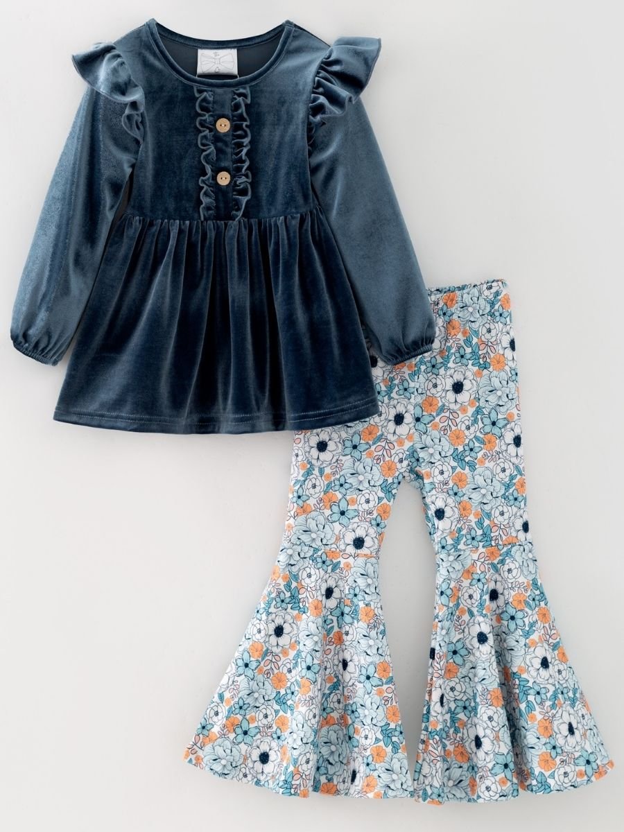 girls fall two-piece with dusty blue velvet button tunic and blue orange floral bell bottoms
