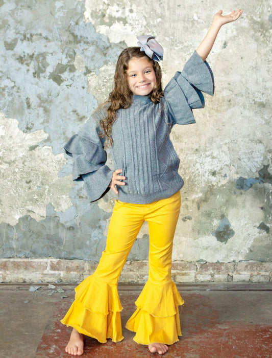 Denim Mustard Double Ruffle Bell Bottoms on model