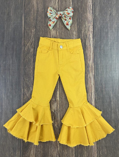 Denim Mustard Double Ruffle Bell Bottoms