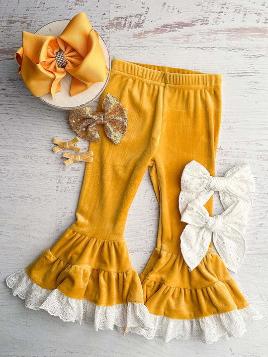 Mustard velvet leggings with lace trim - Alternative view