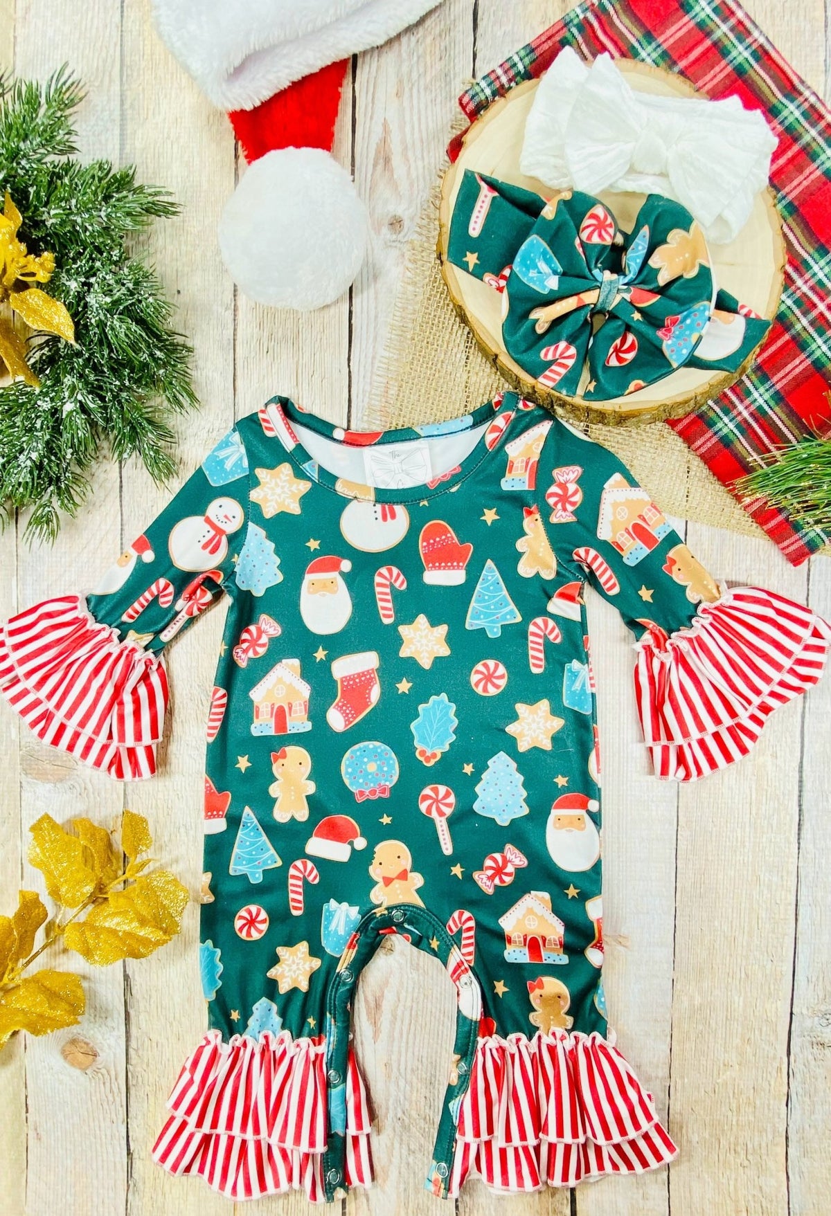 Baby girl Christmas cookie print romper with striped ruffles and matching headband