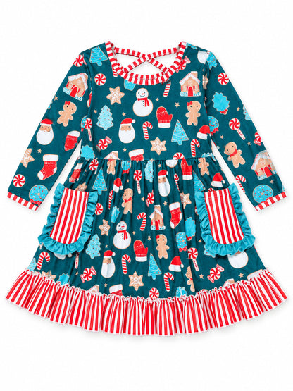 Girls teal Christmas twirl dress with striped ruffle hem and pockets