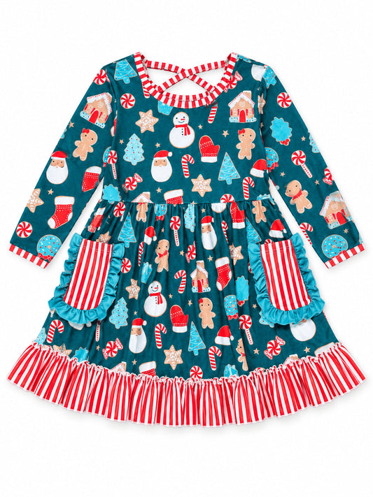 Girls teal Christmas twirl dress with striped ruffle hem and pockets - Alternative view