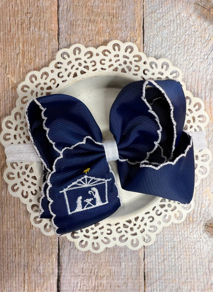 Nativity scene embroidered bow on satin elastic headband