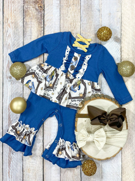 Girls infant Christmas onesie with a nativity scene design