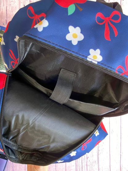 inside of the Navy & Red Apples Backpack