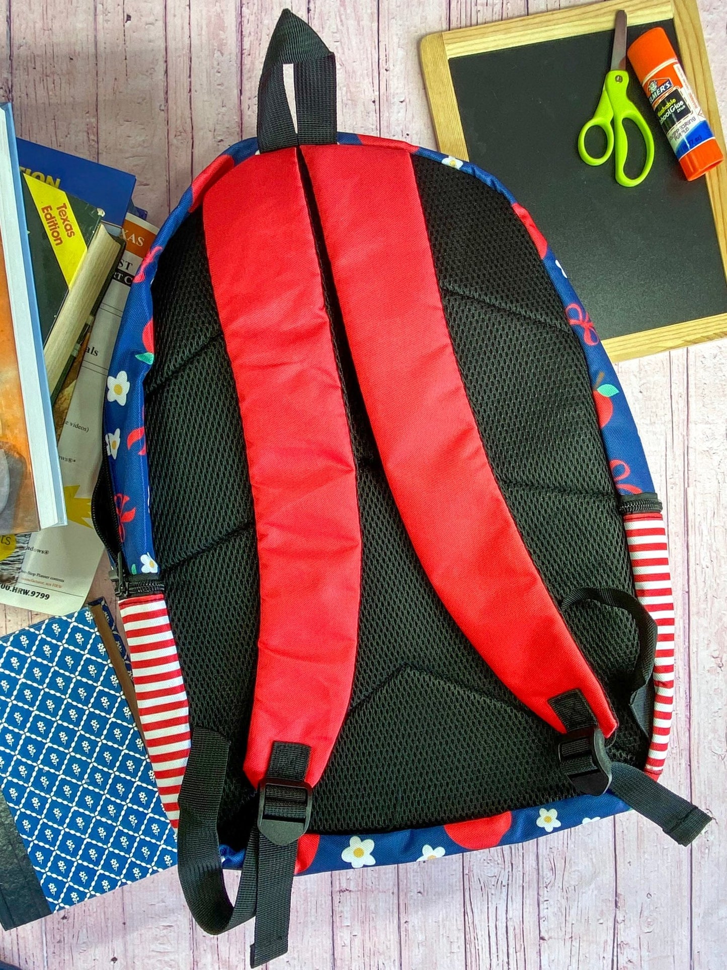 back of the Navy & Red Apples Backpack