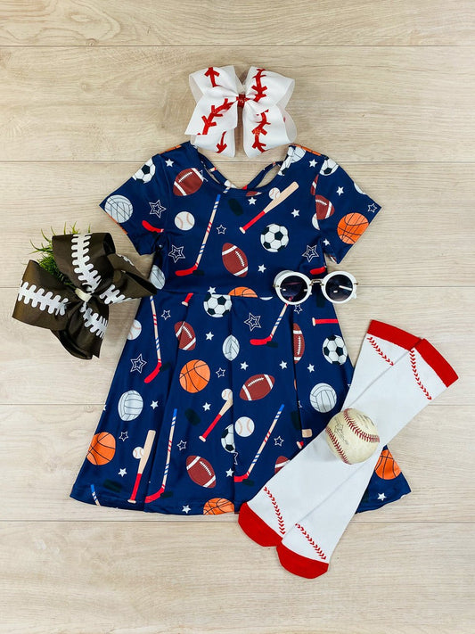 a navy short sleeve twirl dress with a variety of sports fan patterns, - Alternative view