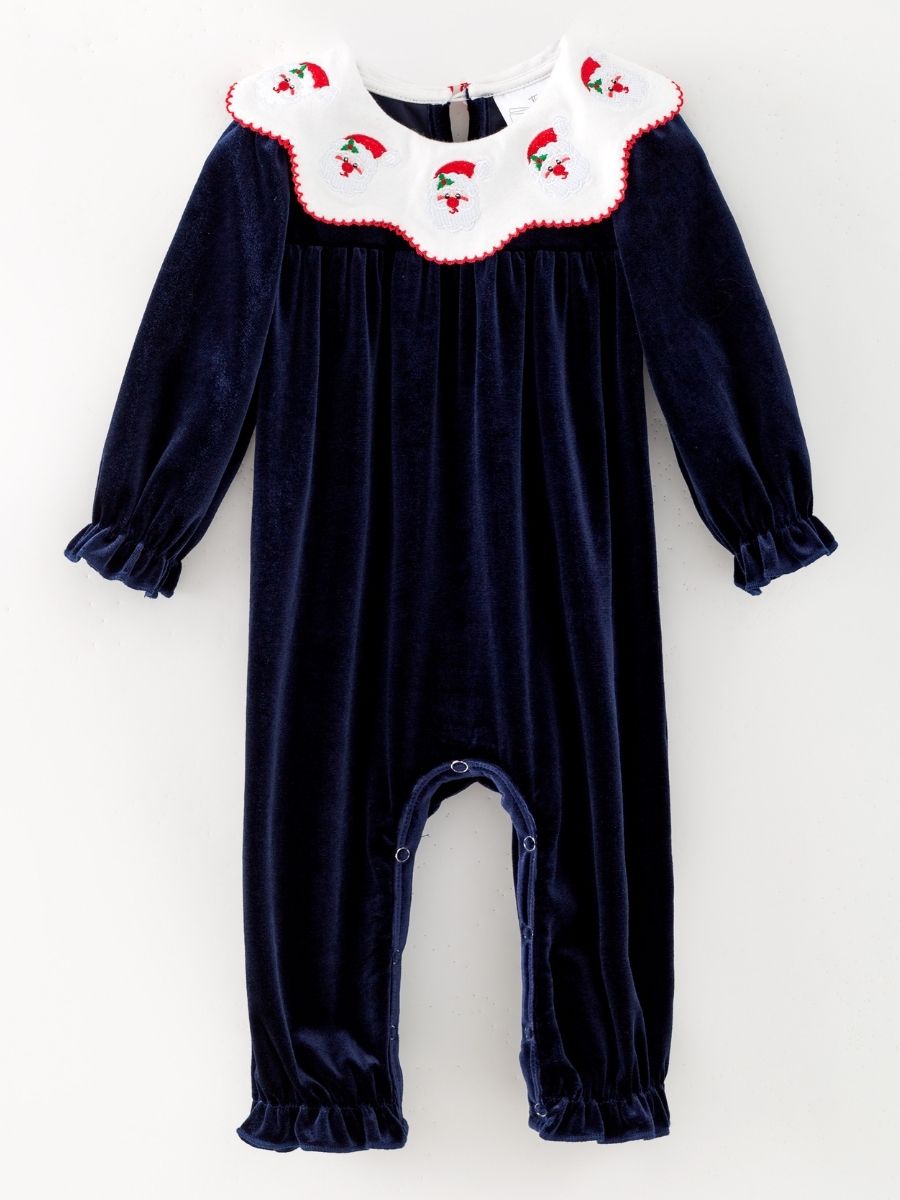 Navy velvet infant bubble romper with embroidered Santa collar