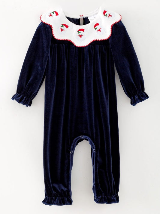 Navy velvet infant bubble romper with embroidered Santa collar