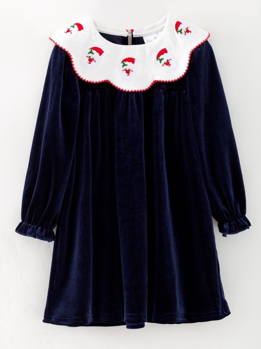 Navy velvet girls Christmas dress with embroidered Santa collar