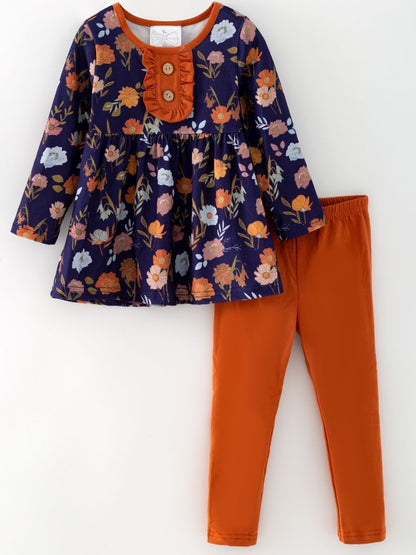Girls navy floral tunic and copper leggings set, boutique fall outfit for toddlers and girls