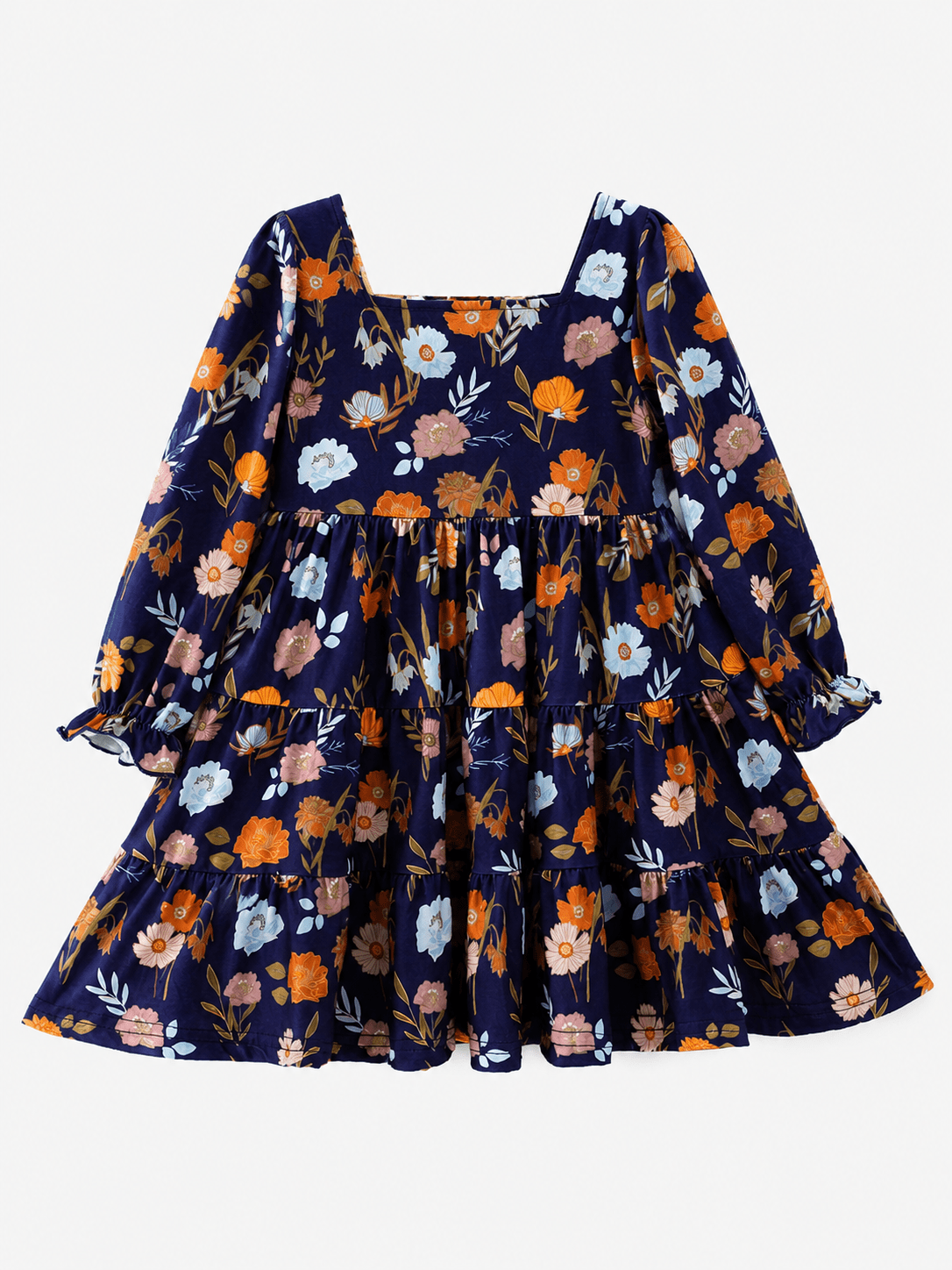 Girls navy floral tiered twirl dress, boutique long sleeve fall dress for toddlers and girls