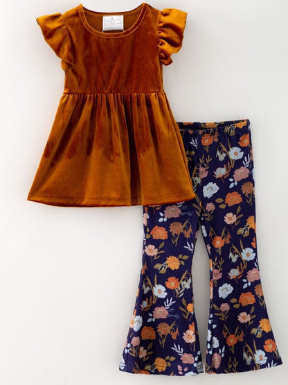 Girls copper velvet tunic and navy floral bell bottom pants set, boutique fall outfit for toddlers and girls