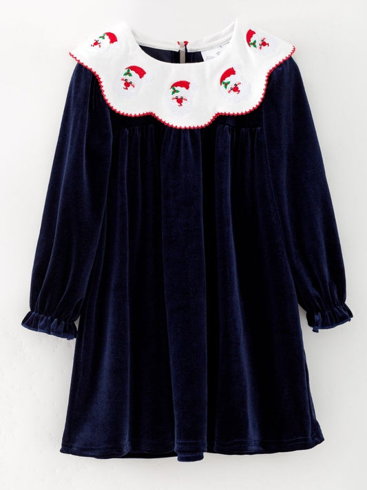 Navy velvet girls Christmas dress with embroidered Santa collar