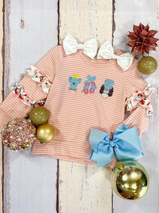 Pink and white striped girls top with nutcracker embroidery and ruffle sleeves