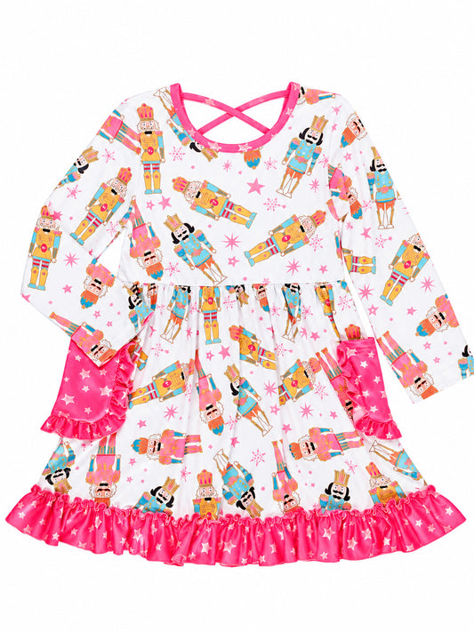 Nutcracker galore girls twirl dress with pink star pockets laid flat - Alternative view